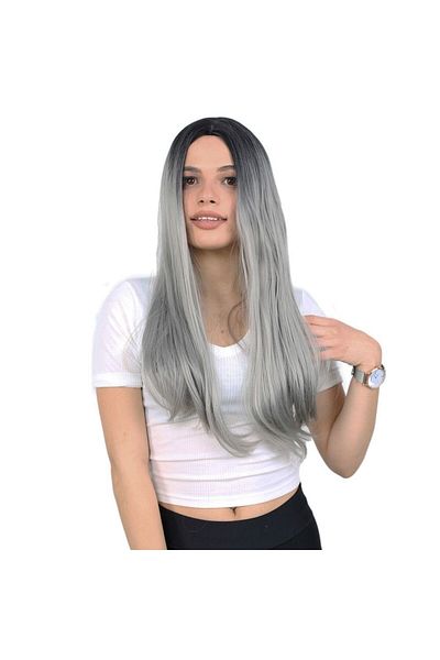KONAK PERUK Black / Grey Ombreli Fiber Synthetic Long Straight Wig