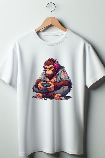Vordevia Gorilla Gamer - Tricou alb oversize cu decolteu rotund cu imprimeu Gamer