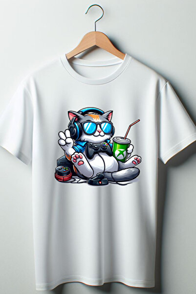 Vordevia Igrač mačka - Gamer Štampano Bela Oversize kroj okrugla kragna majica