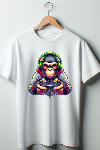 Vordevia Gamer Gorilla - Gamer Štampano Bela Oversize kroj okrugla kragna Majica
