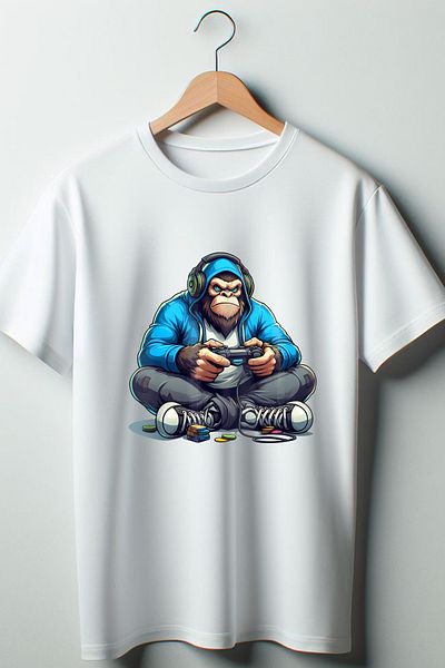 Vordevia Gamer Gorilla - Gamer Printed Λευκό Oversize Tshirt με λαιμόκοψη