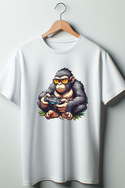 Vordevia Gorilla Gamer - Tricou alb oversize cu decolteu rotund cu imprimeu Gamer