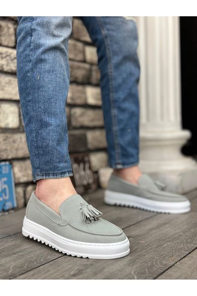 BOA TNSSOFTBA0154 Laceless High Sole Gray Suede Tasseled Men's Shoes