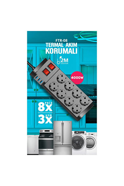 Yellowtech Isıya Dayanıklı Termal Akım Korumalı 2 Metre 16A 4000 W 8 Li uzatma Kablolu Priz 3x USB Girişli