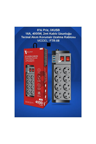 Yellowtech Isıya Dayanıklı Termal Akım Korumalı 2 Metre 16A 4000 W 8 Li uzatma Kablolu Priz 3x USB Girişli
