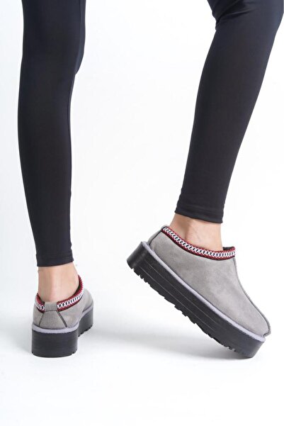 marceline حذاء نسائي/فتاة صغير رمادي من الداخل من جلد الغزال المشعر نصف جزمة ونعل سميك