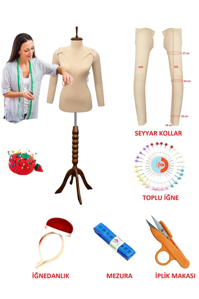 Manken İstanbul Seyyar Kollu 38 Beden Sünger Iğne Batabilen Terzi Mankeni Pro...