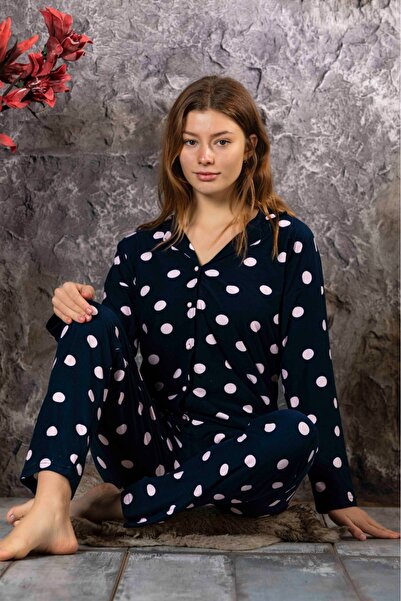 MEBA Жіночий піжамний комплект з застібкою спереду, з замші, темно-синього кольору, з крапчастим візерунком /251