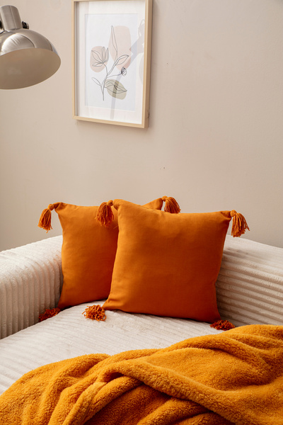 Ottoson Home 2'li Hardal Rengi 4 Püsküllü Tek Renk Kırlent Kılıfı 43x43