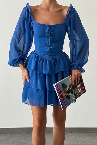 vuvutasarım Saks Blue Tulle Fabric Front Tie Detail Skirt Layered Transparent Long Sleeve Mini Dress 082