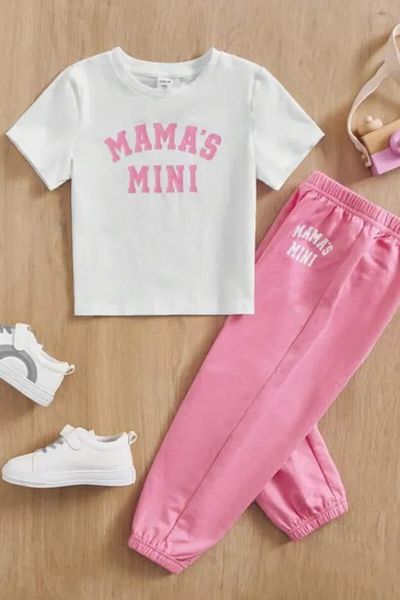 Machetta Children's Mama Printed Bottom-Top Set Cotton Tracksuit T-Shirt Set