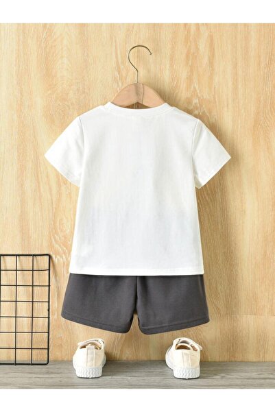 LOUİSA Girl-Boy Black-White Pocketed Teddy Bear Printed Shorts-T-Shirt Set