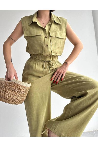 Laluvia Khaki 100% pamut elasztikus mellény-nadrág vászon szett