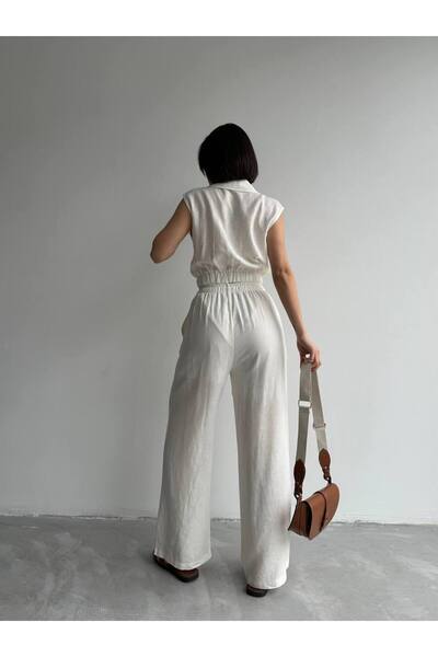 Laluvia Ecru 100% pamut elasztikus mellény-nadrág vászon szett