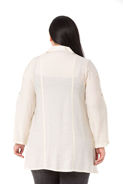 DISENTIS MODEST Large Size Ecru Shirt with Folded Sleeves and Drawstring on the Bottom