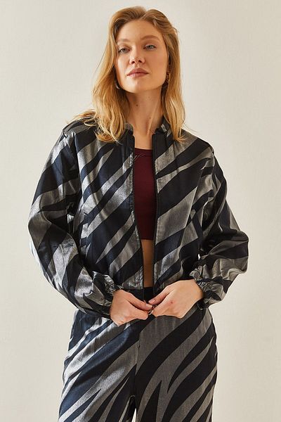 XHAN Black Zebra Pattern Zippered Bomber Jacket 5YXK4-48025-02