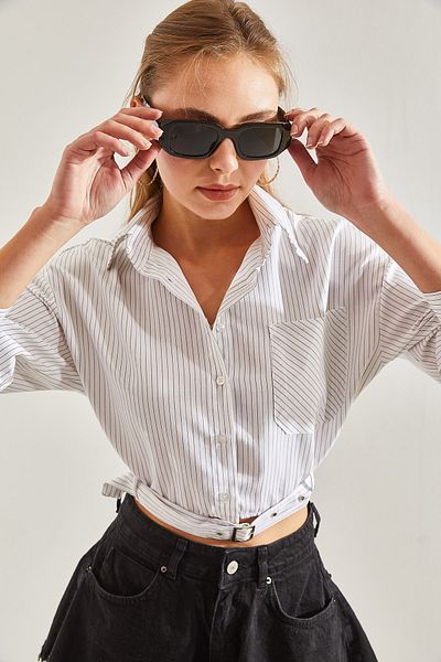 Bianco Lucci Women's Waist Tie Single Pocket Striped Shirt60131009