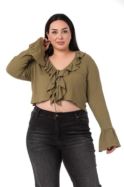 DISENTIS MODEST Plus Size Collar and Sleeve Ruffle Detailed Tied Khaki Bolero