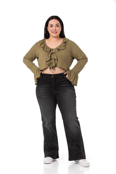 DISENTIS MODEST Plus Size Collar and Sleeve Ruffle Detailed Tied Khaki Bolero