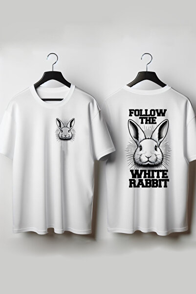 Vordevia Urmărește tricoul alb supradimensionat cu gâtul turn cu imprimeu pe spate și pieptul de la White Rabbit