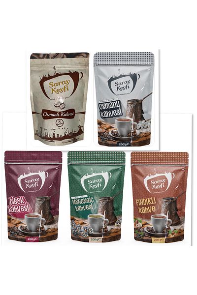SARAY KAHVE Set of 5 - Set| Ottoman Coffee - Debbek Coffee - Drop Coffee with Gum - Milk Menengiç Coffee - Hazelnut Coffee
