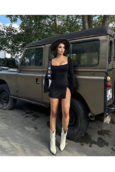 Genel Markalar Kadın Volan Kol Derin Yırtmaç Detaylı Mini Elbise Siyah