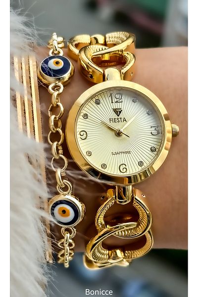 Fiesta Brand Steel Cord Elegant Simple Model Gold Yellow Color Engagement, Wedding, Bridal, Stylish Women's Wristwatch