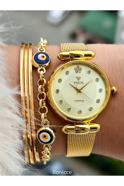 Fiesta Brand Full Steel Case Bracelet Luxury Mesh Strap Gold Color VIP 5 ATM Wristwatch