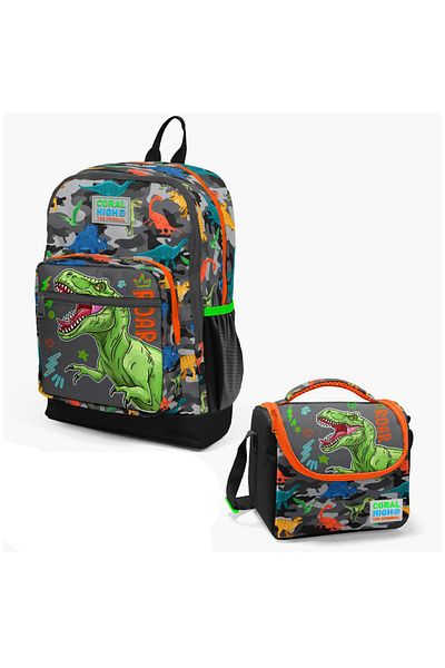 Yaygan Coral High Kids Black Gray Dinosaur Patterned 2-piece School Bag Set