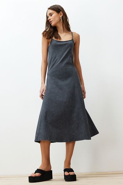 Trendyol Collection Anthracite Strap Antique Effect Midi Dress - 100% Cotton TWOSS24EL00403
