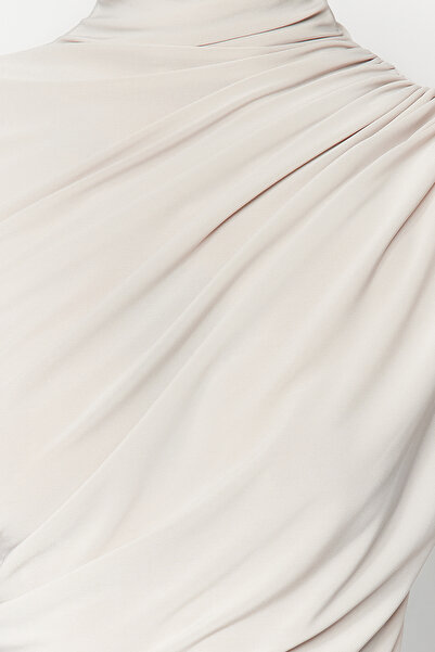 Edit by Trendyol Beige High Collar Gathered Long Sleeve Blouse TWOAW24BZ00466