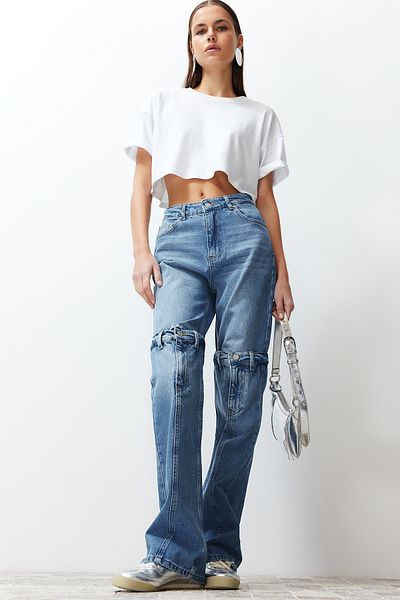 Trendyol Collection Blue Stitching Detailed High Waist Wide Leg Jeans TWOSS24JE00108