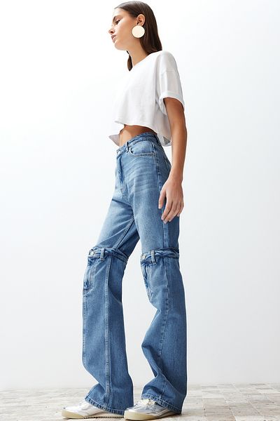 Trendyol Collection Blue Stitching Detailed High Waist Wide Leg Jeans TWOSS24JE00108