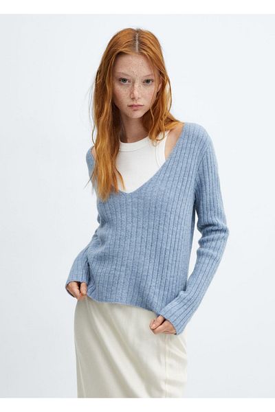 MANGO Woman Pulover din tricot din cauciuc cu decolteu în V