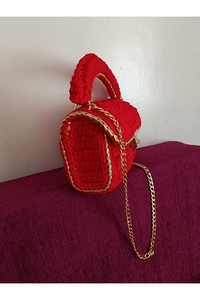 CHQEL Rochie de seară aurita cu aur roșu pentru femei, model fistic, croșetat lucrat manual, geantă din fire de bumbac pieptănat, mână, umăr