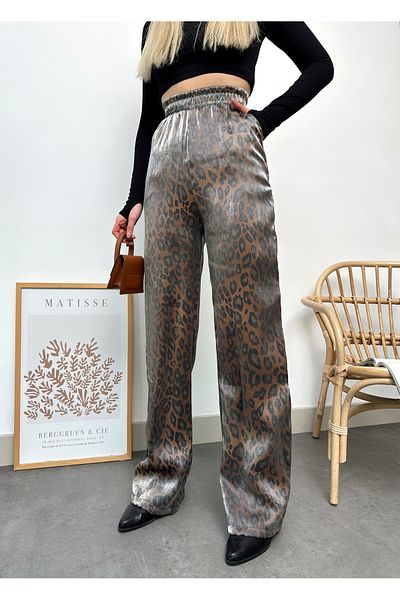 schlank Women's Leopard Print Shiny Fabric Wide Leg Elastic Waist Trousers