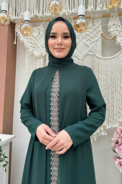 Bym Fashion Cloaked Front Embroidery Detail Shawl Dress 3868 Emerald