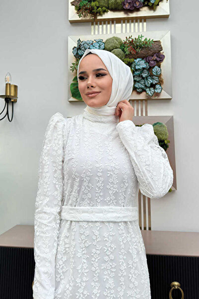 Bym Fashion Floral Patterned Glitter Tulle Evening Dress 1108 Ecru