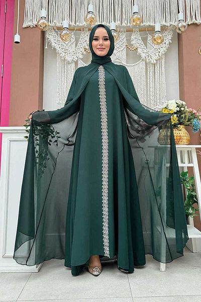 Bym Fashion Φόρεμα σάλι με λεπτομέρεια με κέντημα μπροστά 3868 Emerald