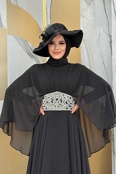 Bym Fashion Βραδινό φόρεμα από σιφόν με λεπτομέρεια κέντημα με πέτρα Cape Waist 5001 Μαύρο