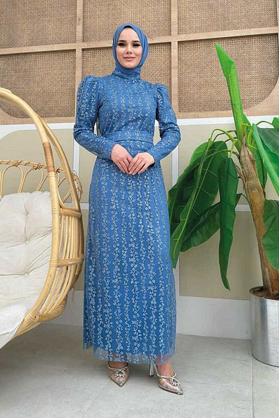 Bym Fashion Βραδινό φόρεμα από τούλι με λουλουδάτο σχέδιο 1108 Indigo