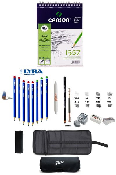 GLANCE Canson A5 Sketchbook 120 Gr Lyra Robinson Graduated Pencil Set 24 Compartment Sketch Set with Bag