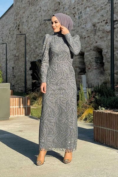 Bym Fashion Branch Patterned Glitter Tulle Evening Dress 1140 Gray