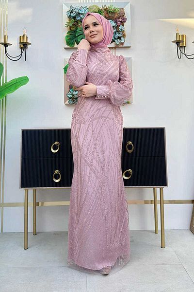 Bym Fashion Gemustertes Abendkleid mit Fischmuster und Taillengürtel 1139 Dried Rose