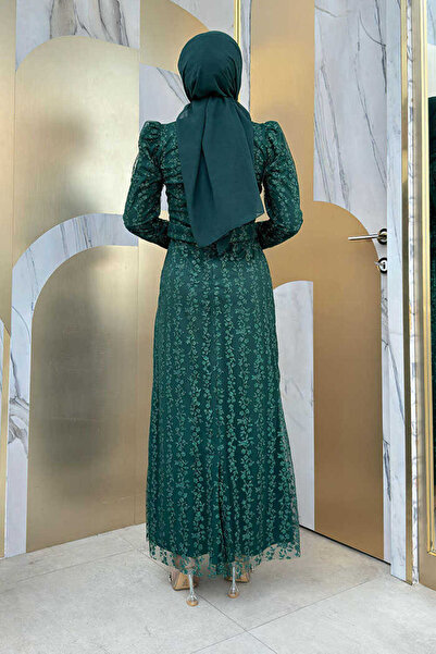 Bym Fashion Floral Patterned Glitter Tulle Evening Dress 1108 Emerald