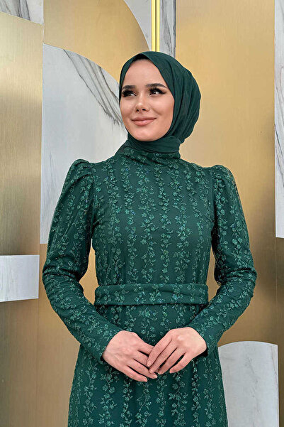 Bym Fashion Floral Patterned Glitter Tulle Evening Dress 1108 Emerald