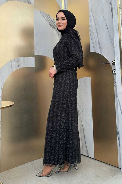 Bym Fashion Βραδινό φόρεμα από τούλι με φλοράλ μοτίβο 1108 μαύρο