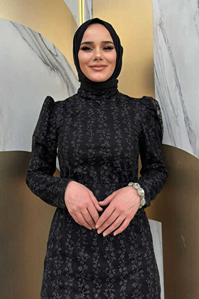 Bym Fashion Floral Patterned Glitter Tulle Evening Dress 1108 Black