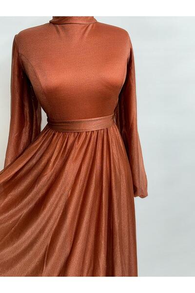 poplinmoda Glittered Waist Belted Balloon Sleeve Hijab Evening Dress