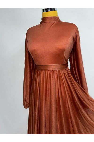 poplinmoda Glittered Waist Belted Balloon Sleeve Hijab Evening Dress